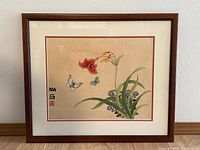 Red lily floral print with butterflies in brown frame