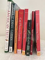Books standing upright showing spines and titles