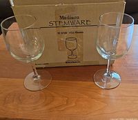 Two glasses in front of original Madison Stemware box
