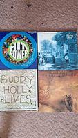 First photo showing four album covers including Hit Power, park scene album, Buddy Holly Lives and illustrated scene album