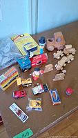 overview showing all vintage toys and boxes