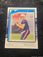 Front of Drake Maye Rated Rookie card showing action image, Donruss and team details