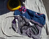 Lot overview showing recovery suits, flying discs, wash sprayer hose and prong collars on white cloth