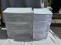 Front view of both Sterilite drawer units showing sizes and drawer counts