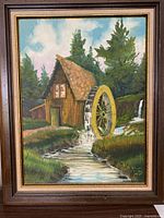 Full view of framed Bruce McKay painting landscape with watermill
