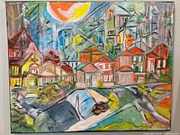 Full view of signed painting on canvas depicting colorful townscape
