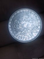 Reverse side showing 5 FRANCS, 1971 date, oak and olive branches, motto