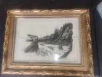 Full view of framed lithograph with gold ornate frame