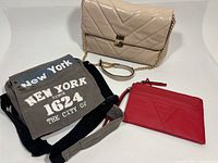 All three bags grouped: Aldo shoulder bag, canvas messenger, Guess wristlet