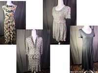 Composite showing all four dresses on mannequins