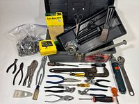 Overall lot showing toolbox, tray, tools, hardware