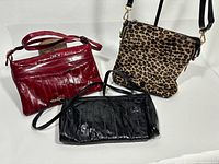 Front view of all three handbags showing colors, materials and overall condition