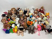 Full group shot of approximately 50 Ty Beanie Babies assorted animals and characters