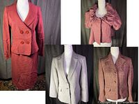 Composite showing all four clothing sets: red suit (jacket+skirt), grey pinstripe blazer, pink tweed blazer, pink ruffle-collar capelet