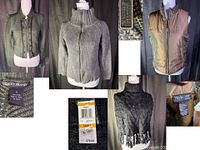 Composite showing all four garments and close-ups of labels and materials