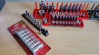 Packaged Husky socket set, metal socket rail with small sockets, two red Hansen trays with deep and shallow chrome sockets