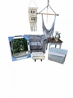 Group shot showing chair, table, footstool, mirror, basket, hanging pieces and vase