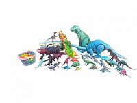 Group shot of all dinosaur figurines including large blue sauropod and container of miniatures