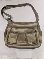 Front view of Bentley patchwork crossbody bag