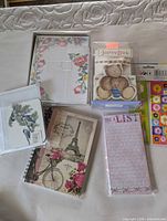 Overview of all sealed stationery items laid out