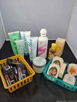 Full lot overview with baskets of lipsticks and soaps, colognes and creams