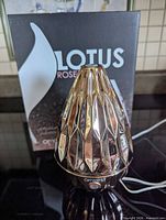 Diffuser in front of Lotus Rose Gold branded box, power cord visible