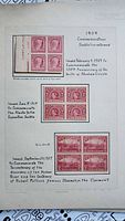 Album page showing three red 2-cent 1909 commemorative stamp blocks