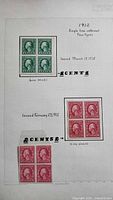 Page showing green 1¢ block at top and two red 2¢ blocks at lower section