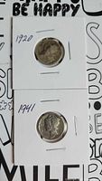 Both 1920 and 1941 dimes in cardboard holders