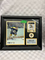 Full view of framed Bobby Orr display showing photo, card, logo and plaque