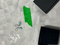 Lot overview showing pair of earrings, plastic bag, and empty box