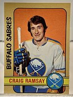 Front of 1972-73 O-Pee-Chee #262 Craig Ramsay rookie card showing player image, team logo, text and overall surface condition