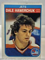 Front view of Dale Hawerchuk rookie card showing image, team name and number