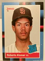 Front view of 1988 Donruss Roberto Alomar Rated Rookie card showing player portrait, set branding, card number