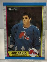 Front view of Joe Sakic O-Pee-Chee card showing image, borders and card number area