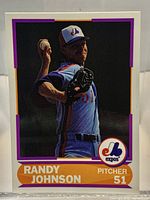 Front of 1989 Score Randy Johnson rookie card showing player image, card number and Expos logo