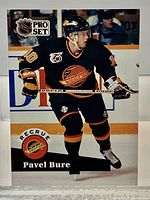 Front view of Pavel Bure rookie card showing player image, Pro Set logo and Recrue banner