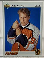 Front of Forsberg rookie card showing image, logos, number 64