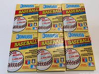 Front view of six sealed 1991 Donruss Baseball Series 1 wax packs