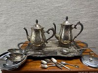 overall lot showing tray, pots, ladles, spoons, lid