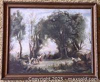 Front view showing entire framed print with image content and wood frame detail