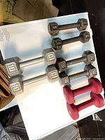 All eight dumbbells laid out showing weight markings and wear