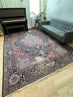Full view of hand-knotted wool Persian style rug placed between a piano and sofa