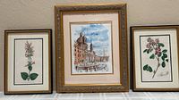 Three framed artworks: two botanical prints flanking central watercolor