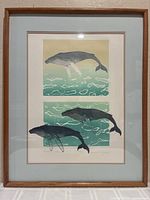 Full view of framed print showing whales, mat and frame