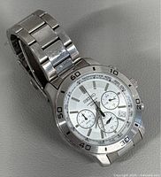 Angled view of watch showing dial, bezel and bracelet