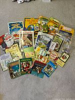 Group shot of entire lot spread on floor showing variety of children’s books and cassette sets