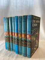 Spine view of all eight Hardy Boys books numbered 4,7,8,12,16,19,20,25 showing titles and wear