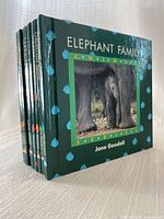 Spine view of all eight Jane Goodall Animal Series books standing together