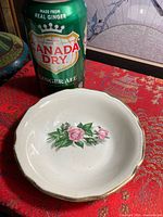 Top view of saucer beside Canada Dry can for scale